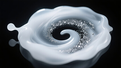 The white fluid vortex contains silver beads, representing mysterious technology and texture, used in creative promotion scenarios for skincare and technological beauty products.