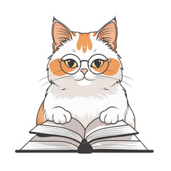 Cute Persian-Scottish Fold cat wearing glasses and reading a book