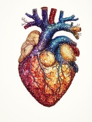 Detailed anatomical human heart illustration in retro engraving style with vivid multicolor palette