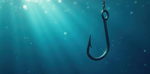 Single fishing hook in deep blue sea, glistening , hook, fishing gear