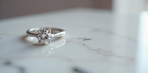 Fototapeta premium Single diamond engagement ring on polished marble background , smooth, fine jewelry, image
