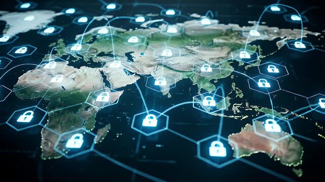 Secure Global Digital Network Animation with Glowing Padlocks Connecting Continents on a World Map.