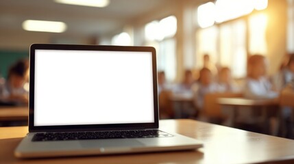 Fototapeta premium A laptop with a blank screen sits on a desk in a classroom setting, offering space for educational content or digital display.