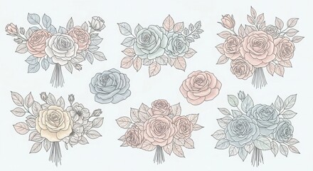 Pastel Rose Bouquets Flowers Line Art