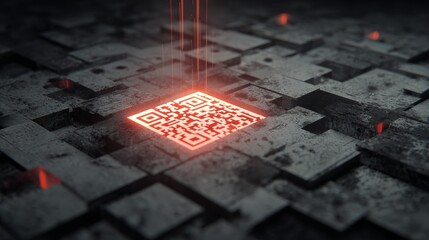 A glowing QR code surrounded by textured metallic blocks, highlighting modern technology and digital connectivity.