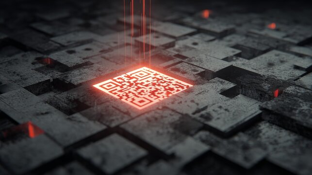 A glowing QR code surrounded by textured metallic blocks, highlighting modern technology and digital connectivity.