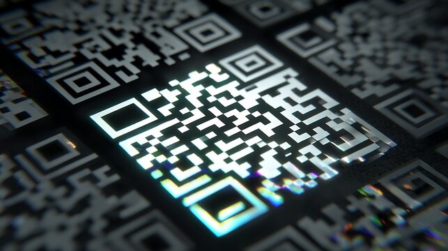 A close-up view of a reflective QR code against a dark background, showcasing modern technology in digital communication.