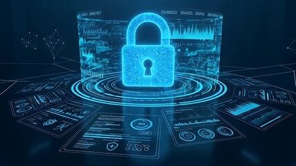 Futuristic Digital Security Padlock on a Holographic Interface with Data Analytics. - Powered by Adobe