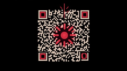 A vibrant QR code design featuring a striking red center on a black background, inviting scanning with a modern aesthetic.