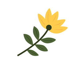 2d Flat vector of a yellow flower with green leaves on a single stem, cheerful and bright.
