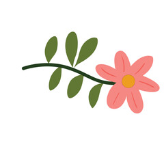2d A pink flower blooming from a green leafy branch in flat vector style, playful and fresh. 