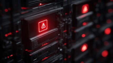 Close-up of a high-tech server unit displaying a warning light, emphasizing a digital network environment.