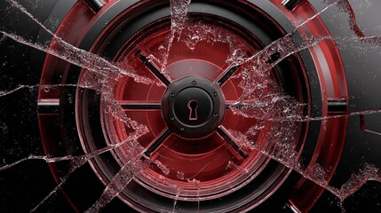 A close-up of a broken safe door with a prominent keyhole, featuring striking red accents and a dramatic shattered glass effect.