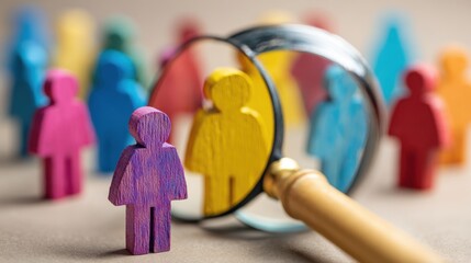 A magnifying glass highlights a wooden figure among a diverse group of colorful wooden people, representing selection.