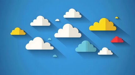 Colorful cloud shapes on a blue background.