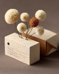 Beige speckled blocks hold dried flowers