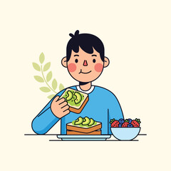 Boy Eating Avocado Toast with Berries for a Healthy Breakfast