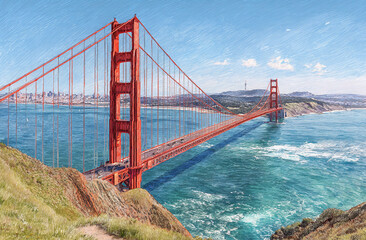 Fototapeta premium An old-style pencil drawing of the Golden Gate Bridge in San Francisco