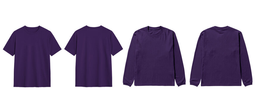 Mockup four purple tshirt perspectives showcasing various sleeve styles for your design.