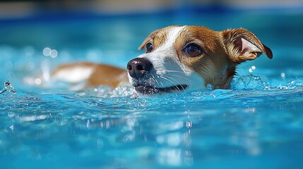 Cute Puppy Swimming in Pool, Close - up of Adorable Dog