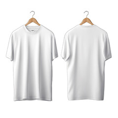 A front and back view of a plain white, short-sleeved t-shirt hanging on wooden hangers against a transparent background