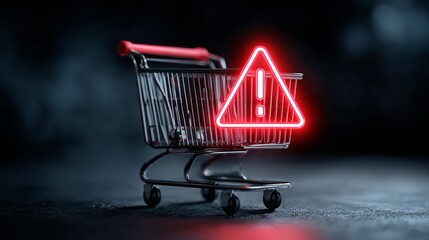 A metal shopping cart with a glowing red warning symbol, set against a dark and moody background.