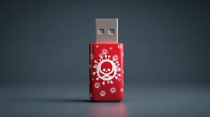 A red USB drive with a skull and virus design, symbolizing digital threats and cybersecurity.