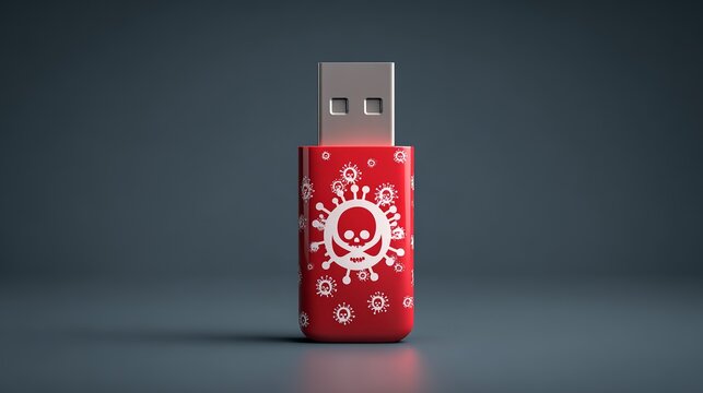 A red USB drive with a skull and virus design, symbolizing digital threats and cybersecurity.