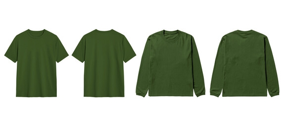 Mockup showcase your designs beautifully on these olive green tshirts and longsleeves front and back.