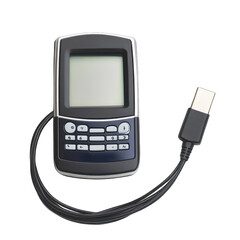 A handheld, black device with a screen and keypad