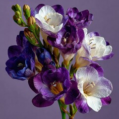 Close-up of a bouquet of purple and white freesia flowers against a muted purple background