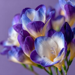 Close-up of a bouquet of purple and white freesia flowers against a muted purple background (1)