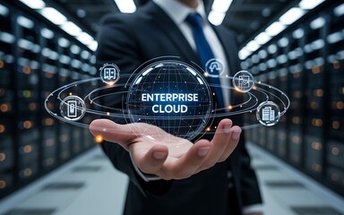 Businessman in a modern data center presenting a holographic interface for Enterprise Cloud, symbolizing advanced corporate IT solutions.