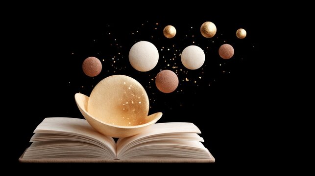 An open book with a gold textured bowl and colorful spheres floating above on a black background