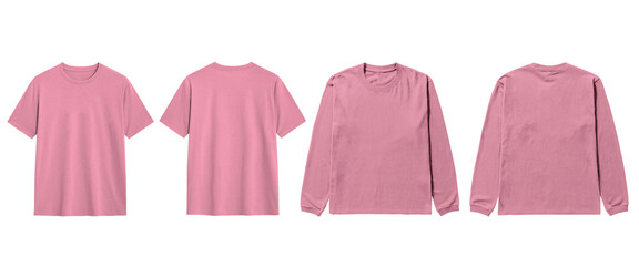 Mockup showcases front and back views of pink short and longsleeved shirts.