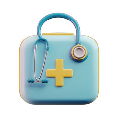 A light blue first-aid kit with a yellow cross and stethoscope