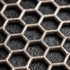 Close-up of a metallic hexagonal grid pattern on a dark background
