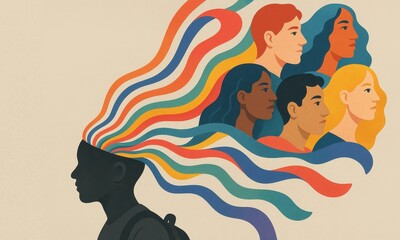 Diversity in Education | Multicultural Faces Emerging from a Student&rsquo;s Mind Illustration