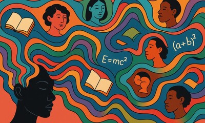 Diversity in Education | Multicultural Faces Emerging from a Student&rsquo;s Mind Illustration