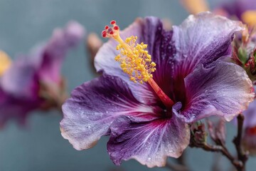 Close-up of a purple hibiscus flower with water droplets