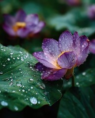 Close-up of a purple lotus flower with dew drops on its petals and leaves