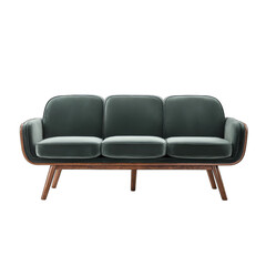 A mid-century modern style sofa, dark teal velvet upholstery, three cushioned seats, and tapered wooden legs