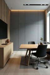 Sleek gray slatted wall meeting room,built-in wood cabinet, conference table and chairs, gray, professional