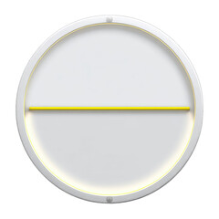 A minimalist circular artwork featuring a single, thin, horizontal yellow line bisecting a white disc within a slightly larger white circular frame