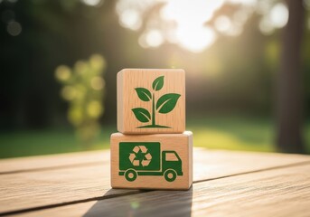 Wooden blocks with plant and recycling truck icons in nature green transport