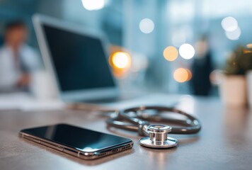 A modern medical workspace featuring a stethoscope, smartphone, and laptop, suggesting healthcare and technological integration in a professional setting.