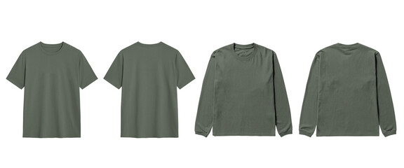 Mockup visualize your designs on four olive tees short and long sleeved front and back.