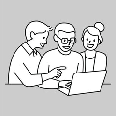Team using notebook sharing ideas line art vector