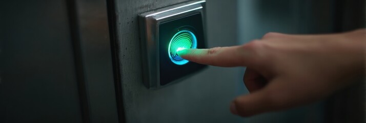 Hand Presses Green Fingerprint Scanner on a Modern Door at an Office Building in the Late Afternoon