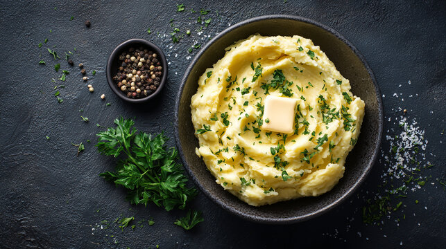 Mashed potatoes with butter and fresh herbs on a dark concrete background